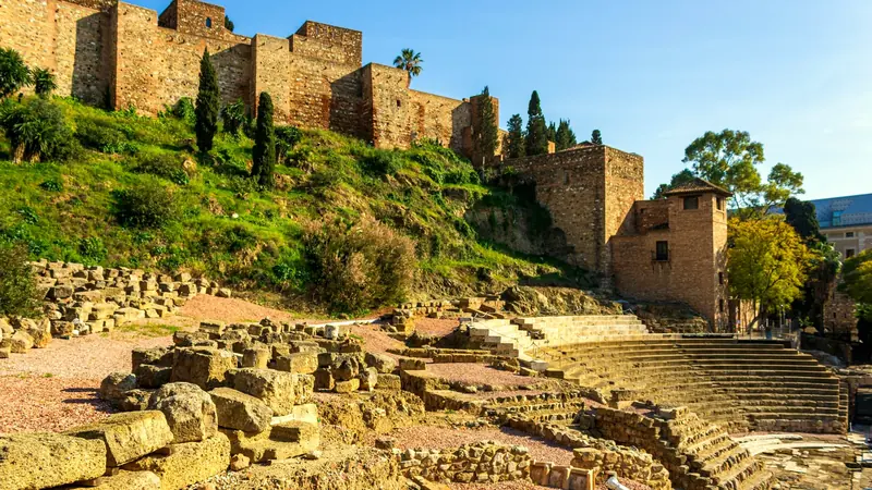 The walls of the Alcazaba fortress on the hillside above Malaga's Roman theatre