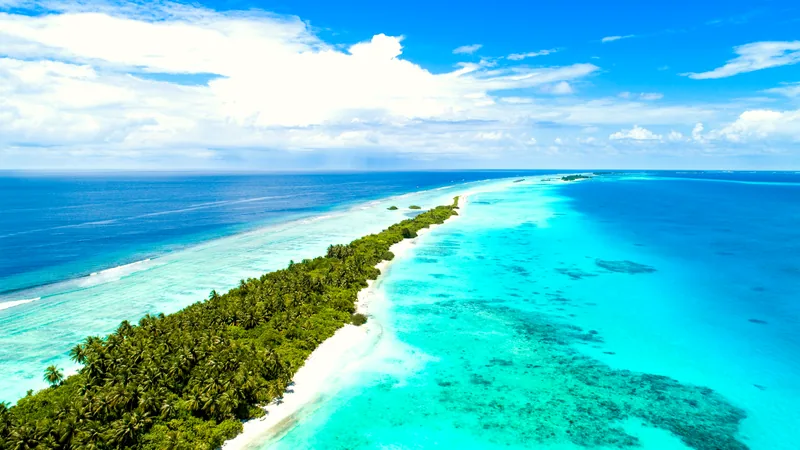 An aerial view of a reef edge where pale shallows meet deep ocean
