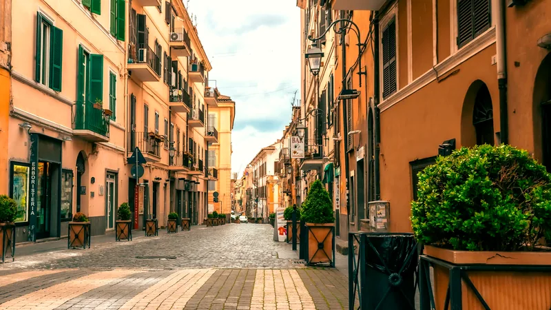 A sunlit Roman backstreet with shuttered ochre buildings and plants