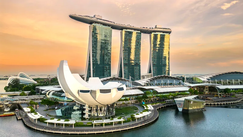 Marina Bay Sands and the ArtScience Museum across the water at golden hour