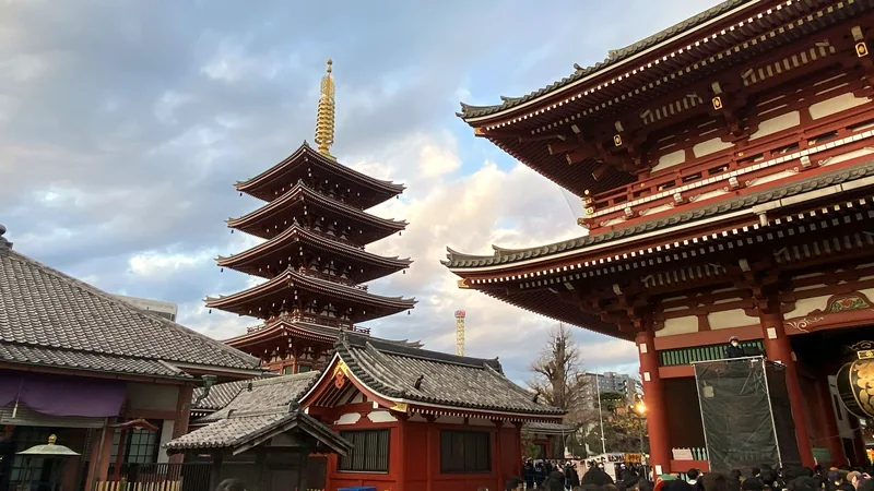 The five-storey pagoda and temple roofs at Senso-ji in Asakusa